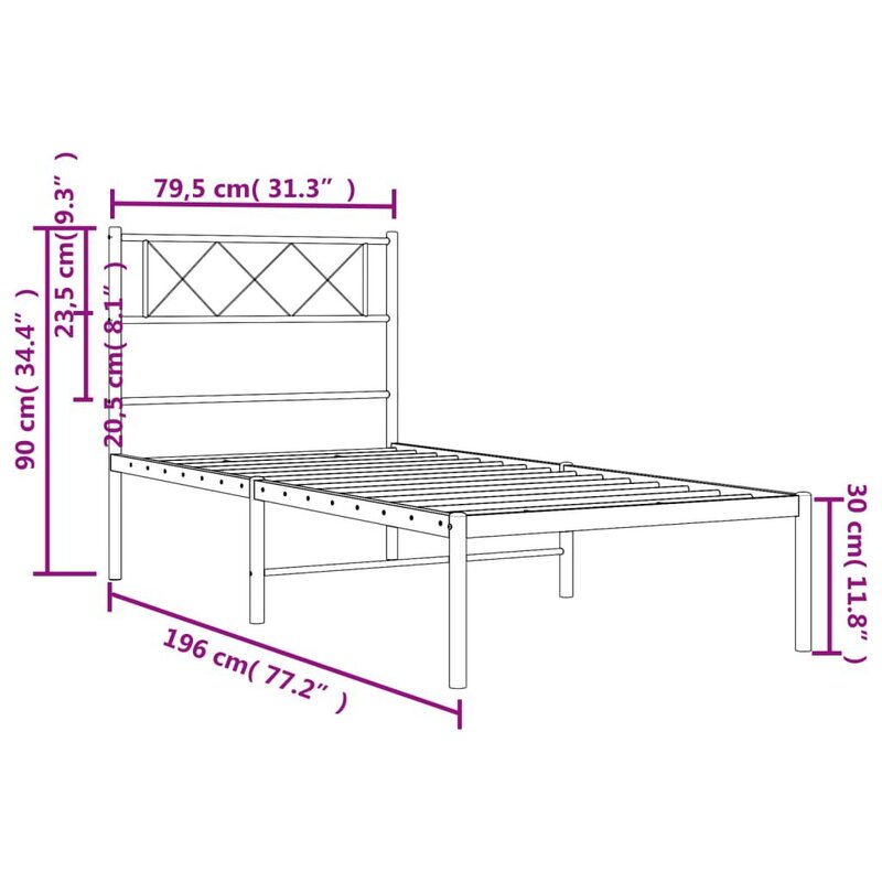 Cadru de pat metalic cu tablie, negru, 75x190 cm