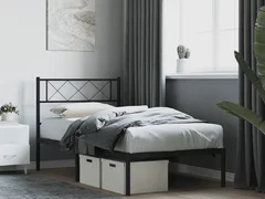 Cadru de pat metalic cu tablie, negru, 75x190 cm